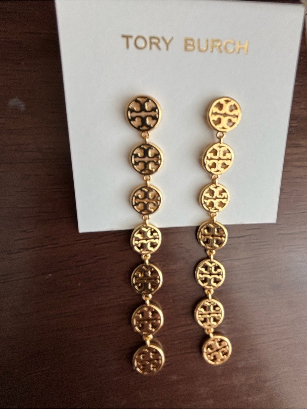 Tory Burch Gold Logo Drop Earrings, brand new